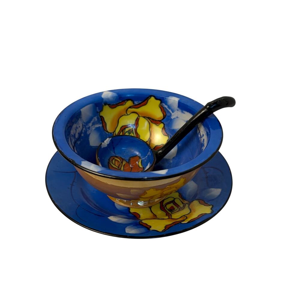 VTG Sakura Ware hand painted bowl, saucer, ladle. FLAW. Made in Japan.